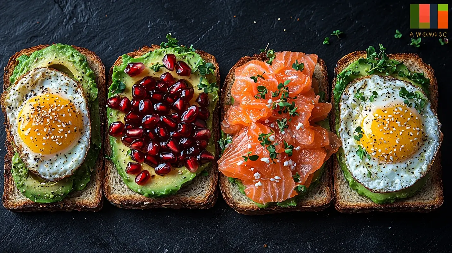 Avocado toast variations with fried eggs, pomegranate, smoked salmon, and microgreens on rustic bread.