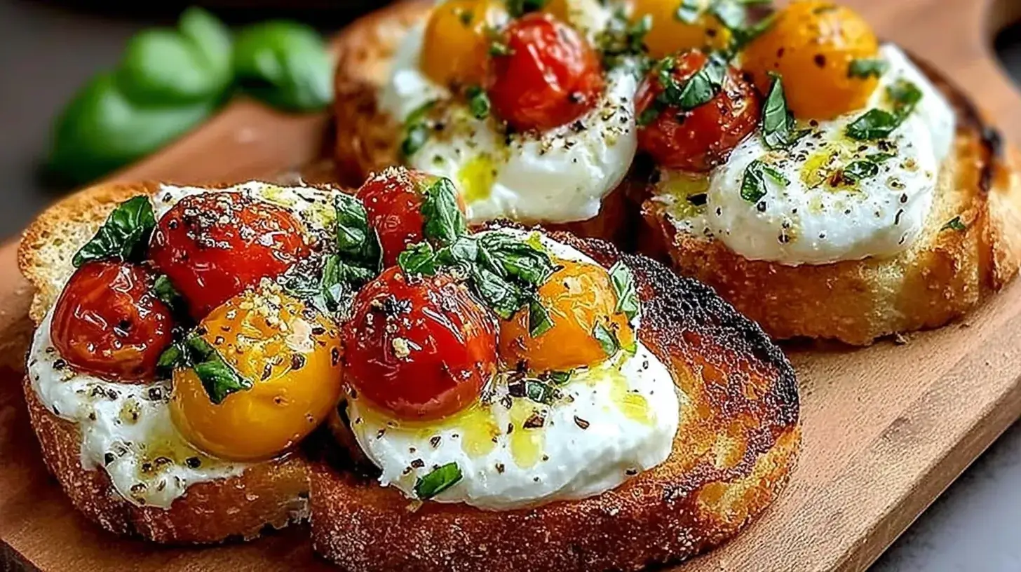 Creamy burrata on crispy bruschetta topped with cherry tomatoes and fresh basil.