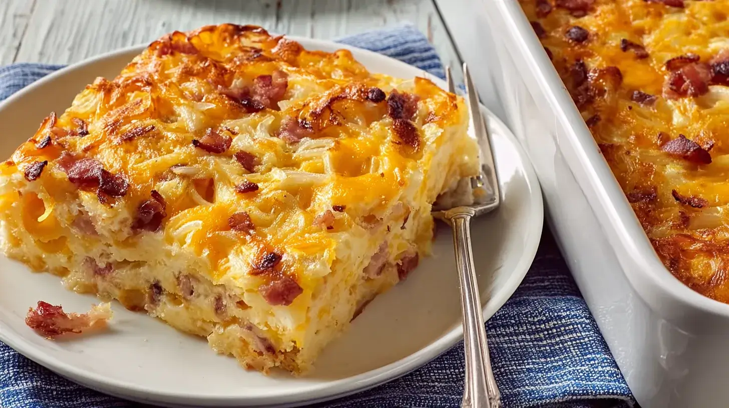 Classic Amish breakfast casserole served in a rustic cast iron dish, filled with eggs, cheese, sausage, and golden potatoes.