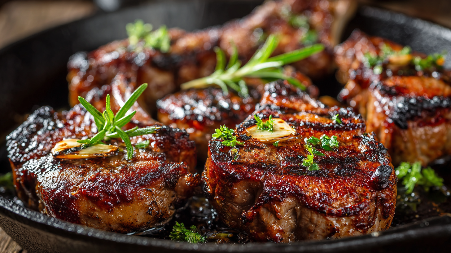 Grilled lamb loin chops garnished with garlic and rosemary on a rustic wooden board.