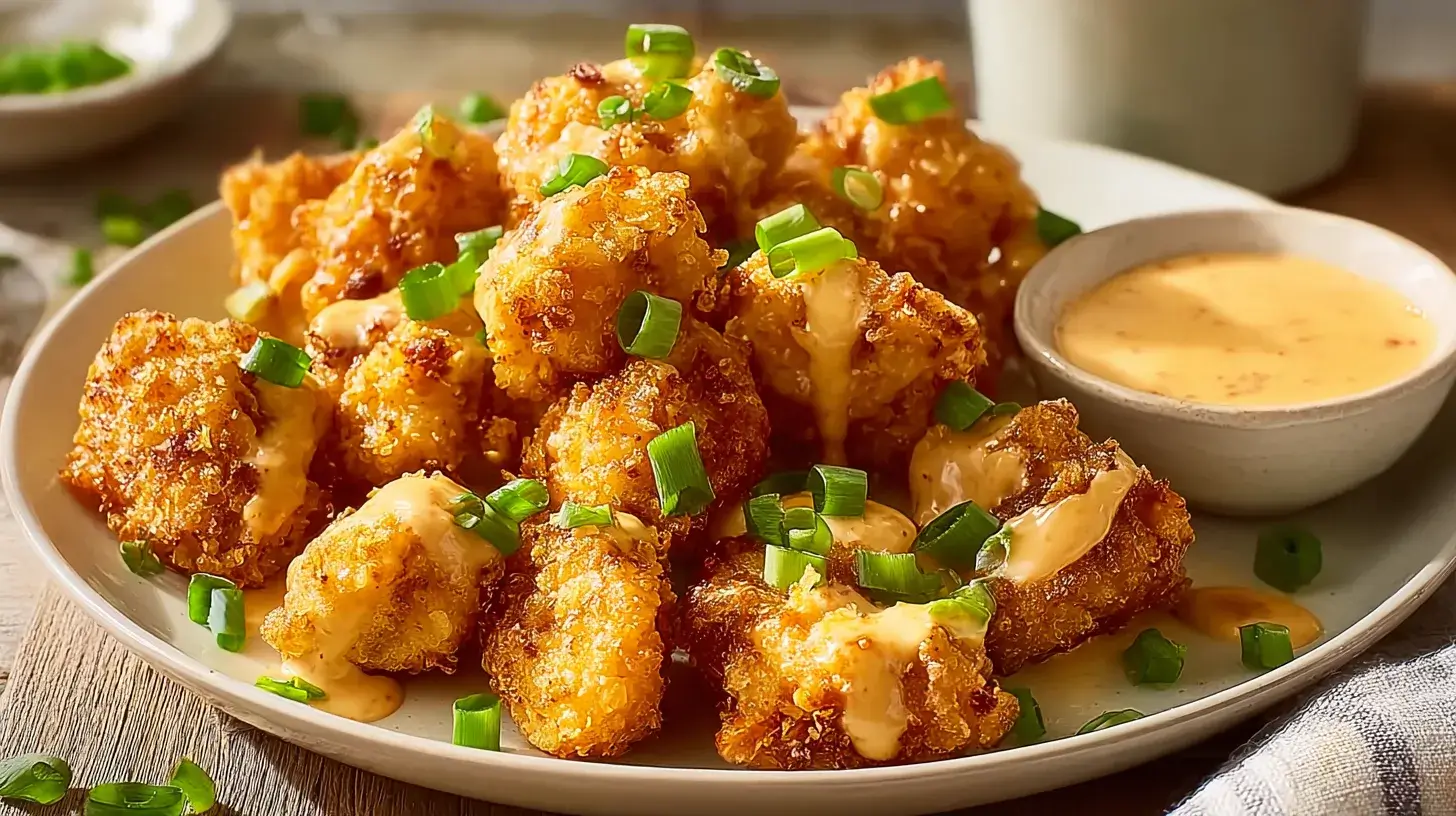 Close-up of creamy, spicy Bang Bang Chicken garnished with fresh herbs on a plate